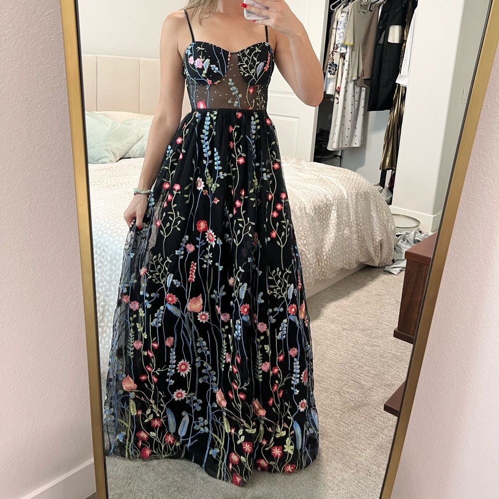Floral Embroidered Black Maxi Dress- elegant wedding guest dress